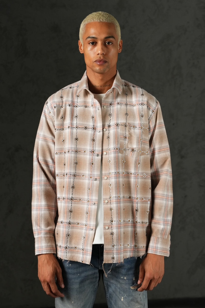 Chemise Carreaux Strass Beige/Rose