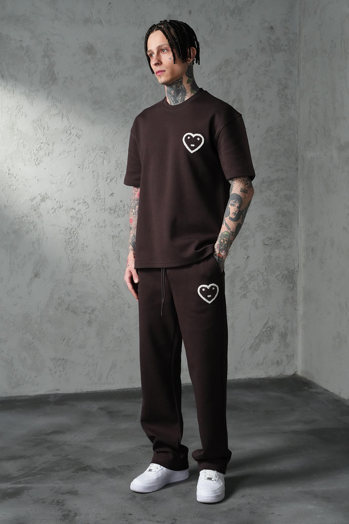 Ensemble T-shirt/Pantalon Coeur Marron/Beige/Blanc